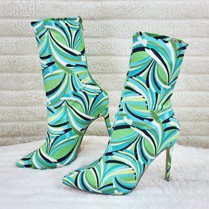 Odin Crazy Wild Color Pattern High Heel Stretch Fabric Ankle Boots - Green Blue
